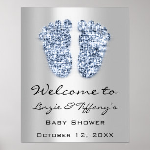Willkommen Baby Blue Füße Baby Shower Junge Silber Poster