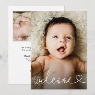 Willkommen Baby-Foto-Geburtsanzeige Herz-Schrift Dankeskarte