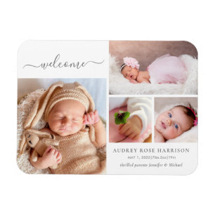 Willkommen Baby Mädchen Foto-Kollage Geburtsanzeig Magnet