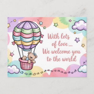 Willkommen Baby mit Teddybär im Heißluftballon Postkarte
