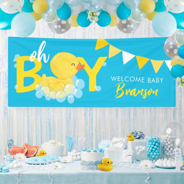 Willkommen Baby Name Boy Rubber Duck Baby Duck Dus Banner (Oh Boy Welcome Baby Name Rubber Duck Hanging Vinyl Baby Shower Banner in Blue)