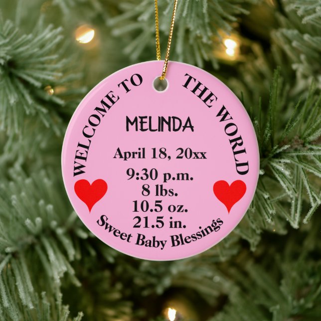 Willkommen Baby Pink Rattle Birth Stats Keramik Ornament (Baum)