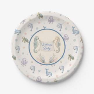 Willkommen Baby Seepferdchen zur Babyparty Pappteller