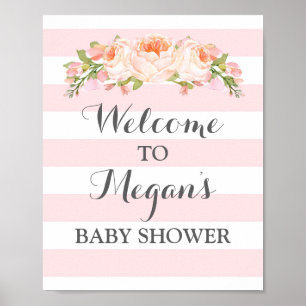 Willkommen Baby Shower Schild Rosa Blumen Streifen