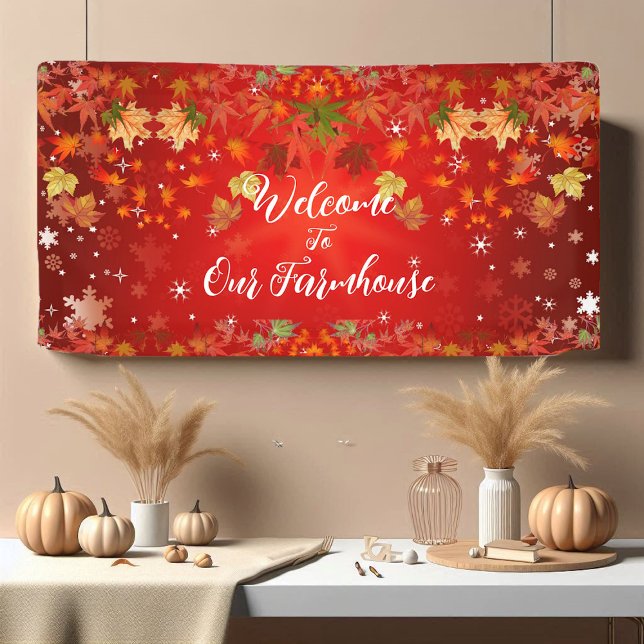 Willkommen Bauernhof Herbst Farbe Ahornblätterblat Banner (Welcome Farmhouse Fall Color Maple Leaf Autumn Red Banner)