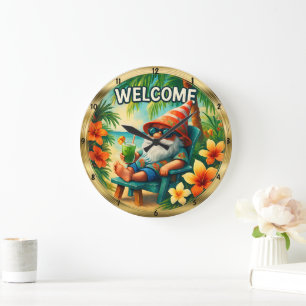 Willkommen Beach Gnome Tropical Relax Große Wanduhr