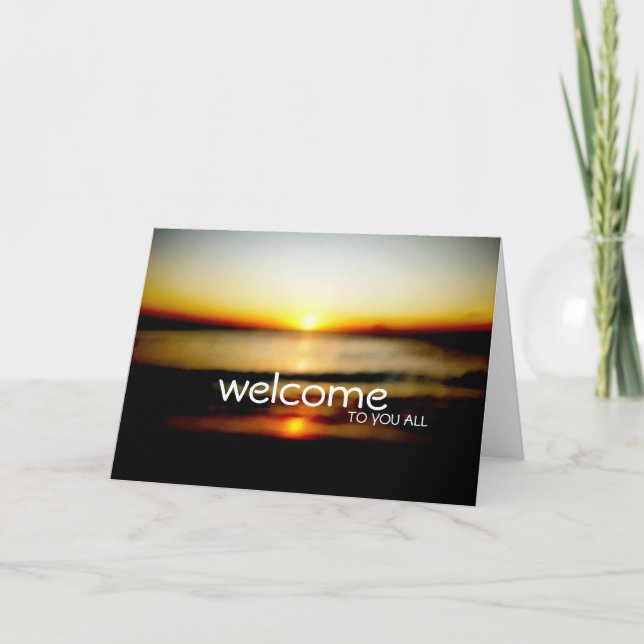 Willkommen bei der Sonnenaufgang Hochzeit am Stran Dankeskarte (Vorderseite)