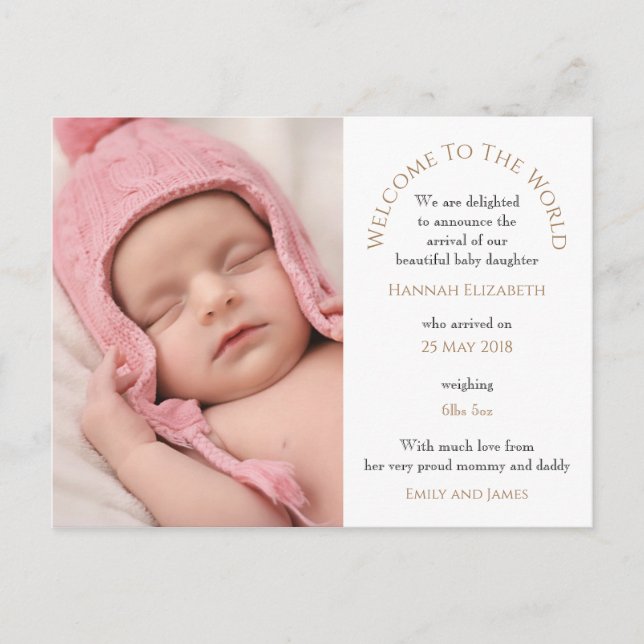 Willkommen bei der Welt Baby Girl Foto Typografie Postkarte (Vorderseite)