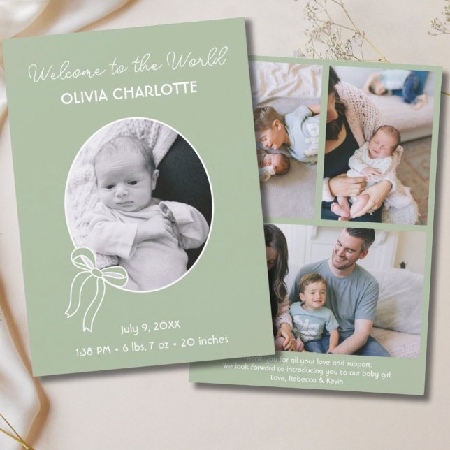 Willkommen bei der Welt Sage Green Newborn Baby Bi Ankündigung (Welcome to the World Sage Green Newborn Baby Birth Announcement)