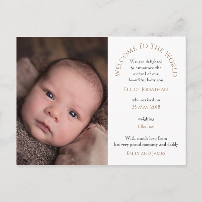Willkommen bei der World Baby Boy Foto Typografie Postkarte (Vorderseite)