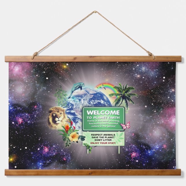 Willkommen bei Planet Earth Wood Topped Wall Tapes Wandteppich Mit Holzrahmen (Vorne)