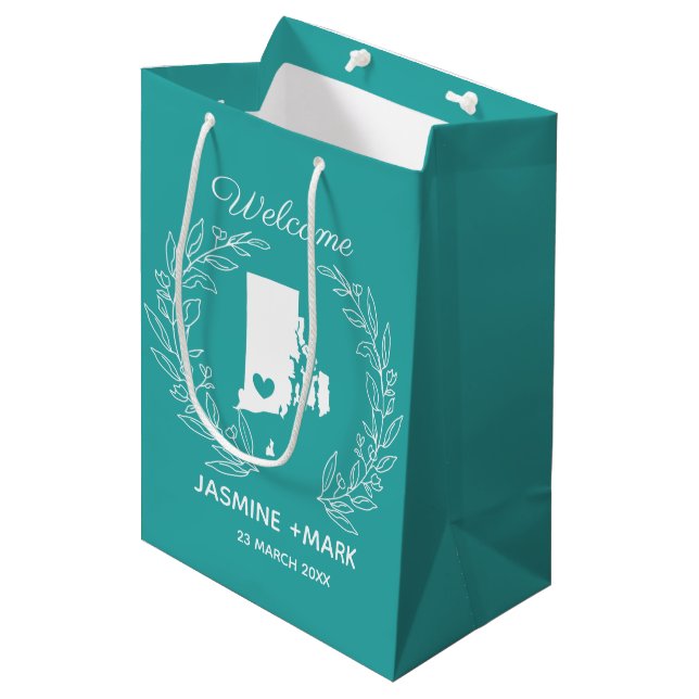 Willkommen bei Rhode Island Gastgeschenk Hochzeite Mittlere Geschenktüte (Vorderseite Schrägansicht)