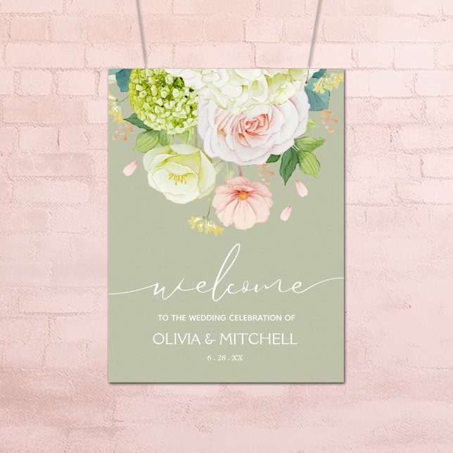 Willkommen bei unserem Hochzeitsgeschenk Grün Poster (Flowers on Sage Green Wedding Welcome Poster - INSTANT DOWNLOAD or PRINTED (framed, too))