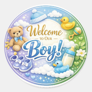 Willkommen bei unserem Jungen – Baby Shower Aufkle Runder Aufkleber