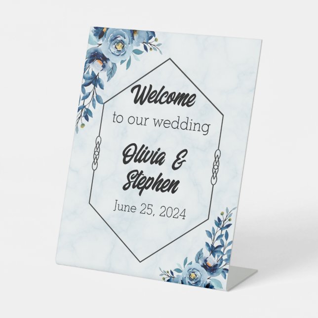 Willkommen bei unseren Hochzeiten/blauen Rose Sockelschild (Vorderseite)