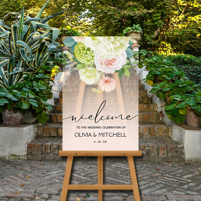Willkommen bei unserer Hochzeitsflora Acrylschild (Welcome to Our Wedding clear acrylic sign with a floral bouquet at the top)