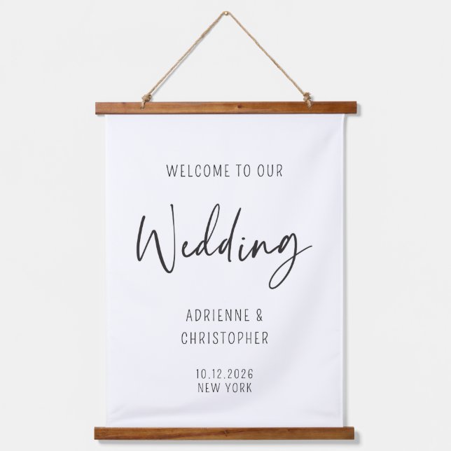 Willkommen bei unserer Hochzeitskalligraphie Wandteppich Mit Holzrahmen (Vorderseite)