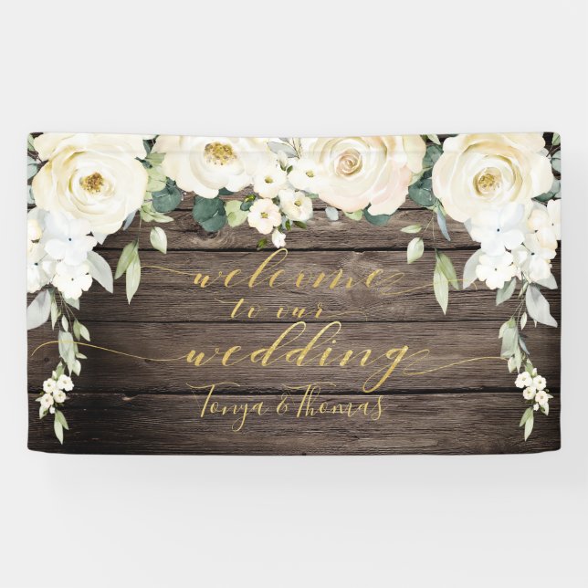 Willkommen bei White Peony Gold Calligraphy Wood Banner (Horizontal)