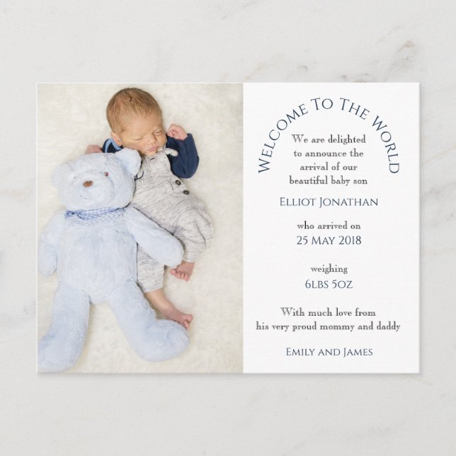 Willkommen beim World Baby Boy Foto White Postkarte (Vorderseite)