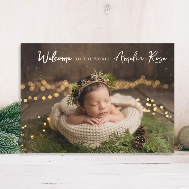 Willkommen beim World Calligraphy Elegant Foto Bab Ankündigung (baby announcement card modern calligraphy welcome to the world simple elegant classy rustic)
