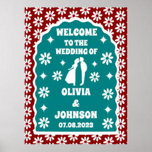 Willkommen Bold Dark Red Retro Boho Daisy Poster