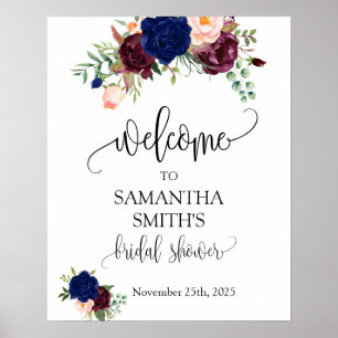Willkommen Brautparty Navy Marsala Floral Hochzeit Poster