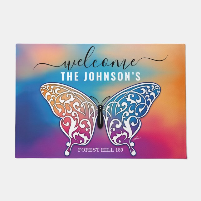 Willkommen Butterfly Personalisierter Familienname Fußmatte (Vorderseite)