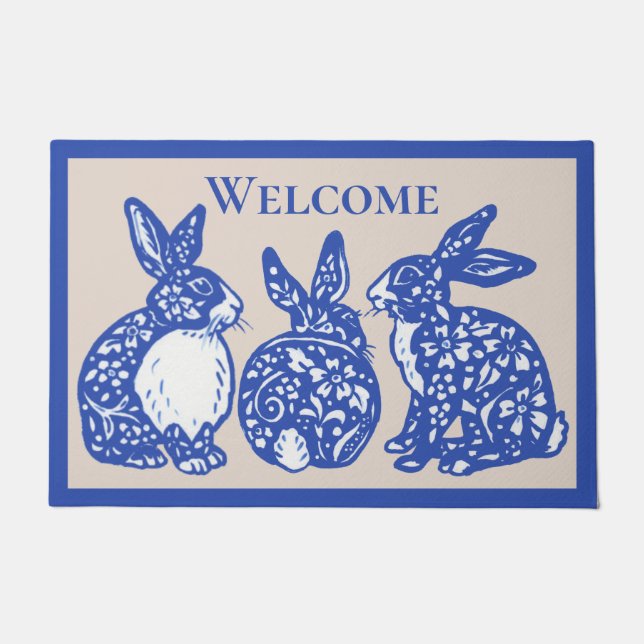 Willkommen Chinoiserie Rabbit Blaues Weißes Bunny  Fußmatte (Vorderseite)