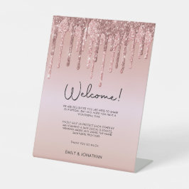 Willkommen COVID Safety Wedding Rose Gold Glitzer Sockelschild