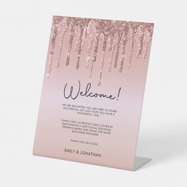 Willkommen COVID Safety Wedding Rose Gold Glitzer Sockelschild (Vorderseite)