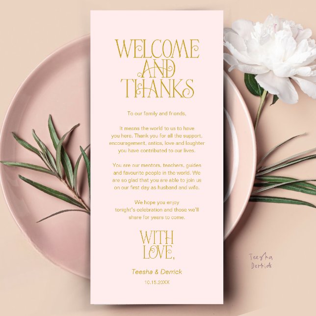 Willkommen & Danke, Gedeck Dankeskarten Programm (Welcome & Thanks, Place Setting Thank You Card in Gold Blush)
