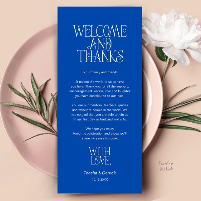 Willkommen & Danke, Platzdeckchen Danksagungskarte Programm (Welcome & Thanks, Place Setting Thank You Card in Cobalt Blue)