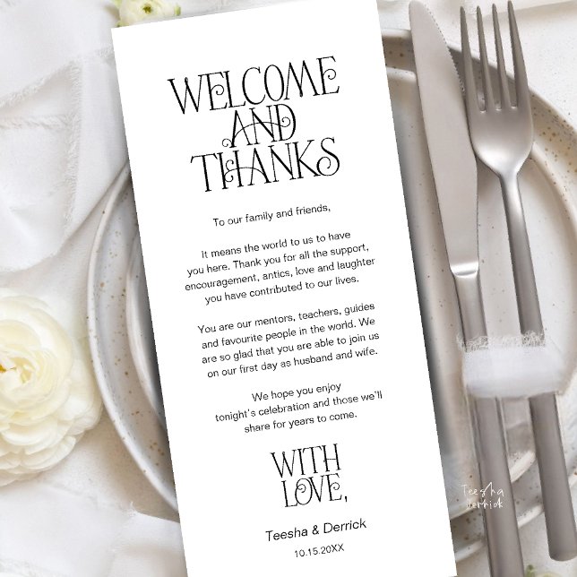 Willkommen & Danke, Tischkarten-Dankeskarten Programm (Welcome & Thanks, Place Setting Thank You Card in Black and white)