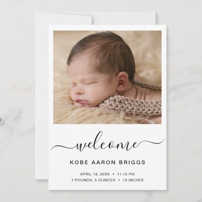 Willkommen Elegant Simple Baby Foto Birth Ankündigung (Vorderseite)