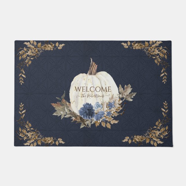 Willkommen Familie Fall Pumpkin Foliage Blue Flora Fußmatte (Vorderseite)