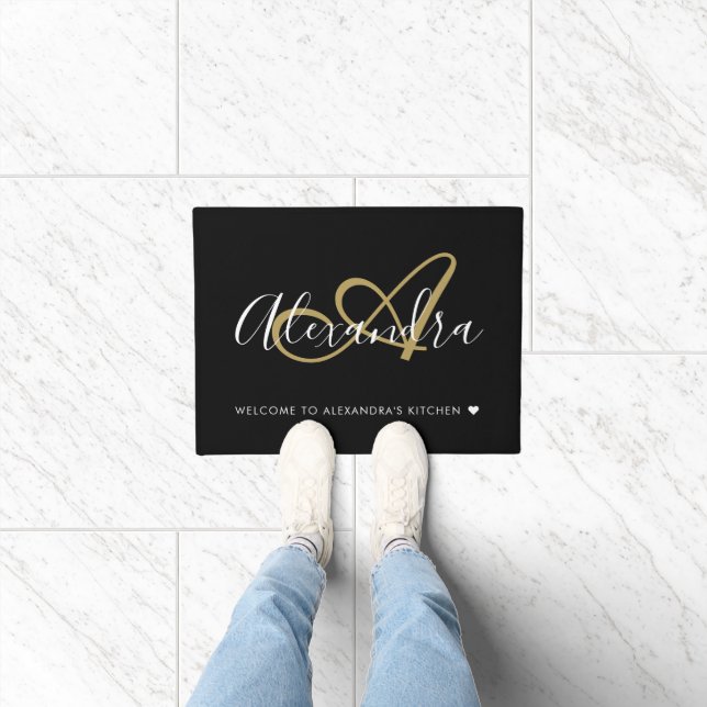 Willkommen Familienname Monogramm Black Gold Fußmatte (Indoor)
