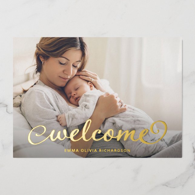 Willkommen Foto | Baby Birth Announcement Gold Foi Folieneinladung (Vorderseite)
