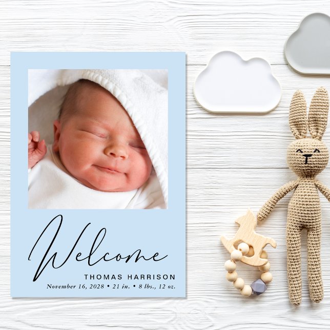 Willkommen Foto Collage Baby Boy Blue Birth Ankündigung (A heartfelt and personalized way to introduce your baby boy to the world)
