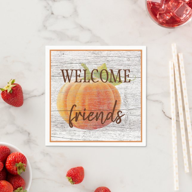 Willkommen Freunde Pumpkin auf witterten Holzplank Serviette (Beispiel)