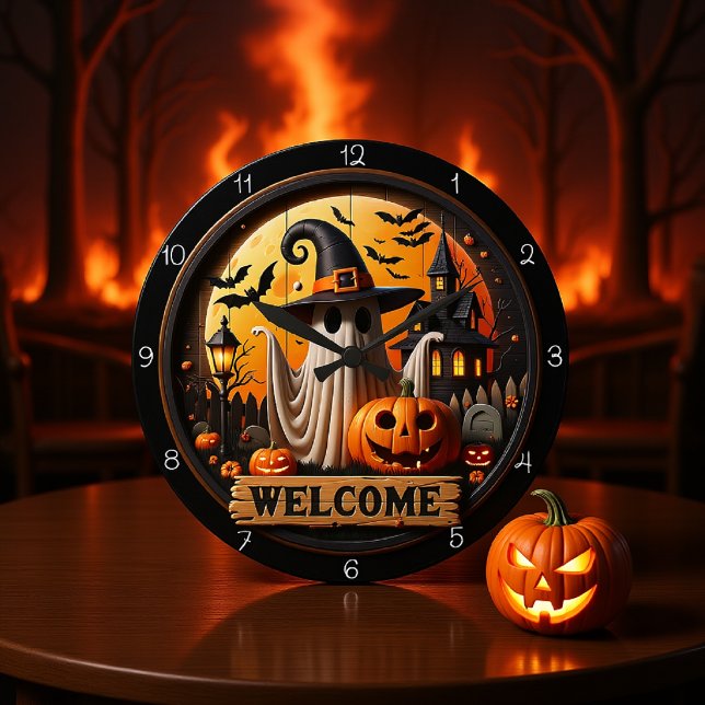 Willkommen Ghost Halloween Nacht Große Wanduhr (Von Creator hochgeladen)