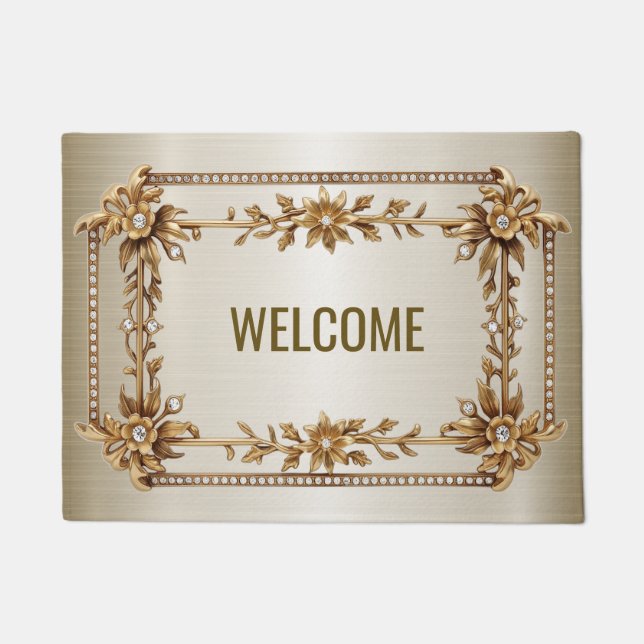 Willkommen Golden Verziert Rectangle Dimond Blume Fußmatte (Vorderseite)