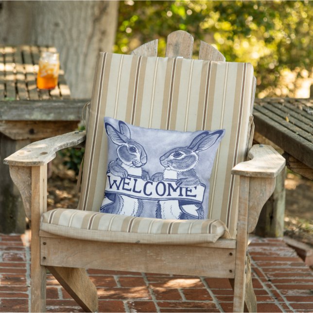 Willkommen Hasen Porch Decke Blau & Weiß Kissen (Stuhl)