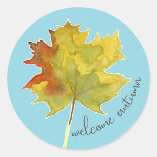 Willkommen Herbst Ahornleaf Wasserfarbe Blau Runder Aufkleber