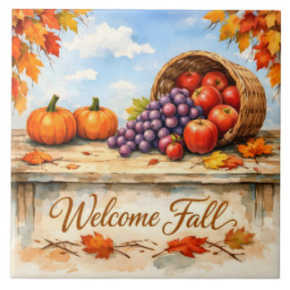 Willkommen Herbst-Aquarell-Obstkorb und Kürbisse Fliese