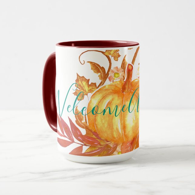 Willkommen Herbst Kürbis Blätter Wein Tasse (Vorderseite Links)