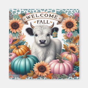 Willkommen Herbst mit einer süßen Kuh unter Kürbis Magnet