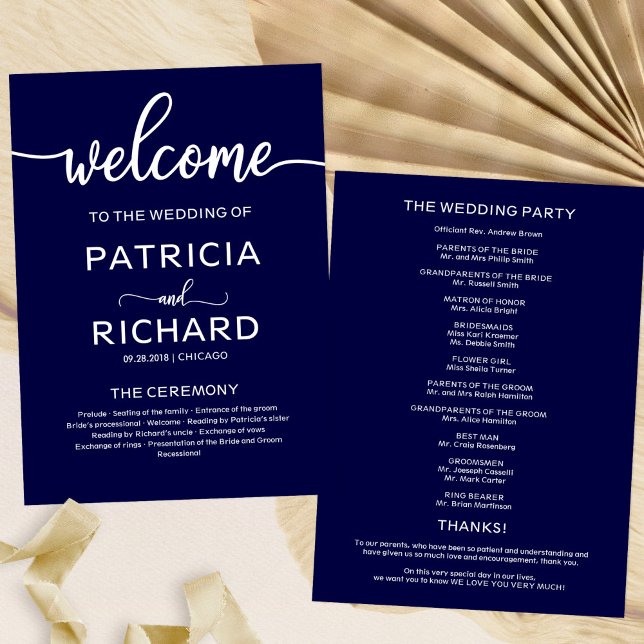 Willkommen Hochzeitsprogramm Calligraphy Navy Blue Programm (Von Creator hochgeladen)