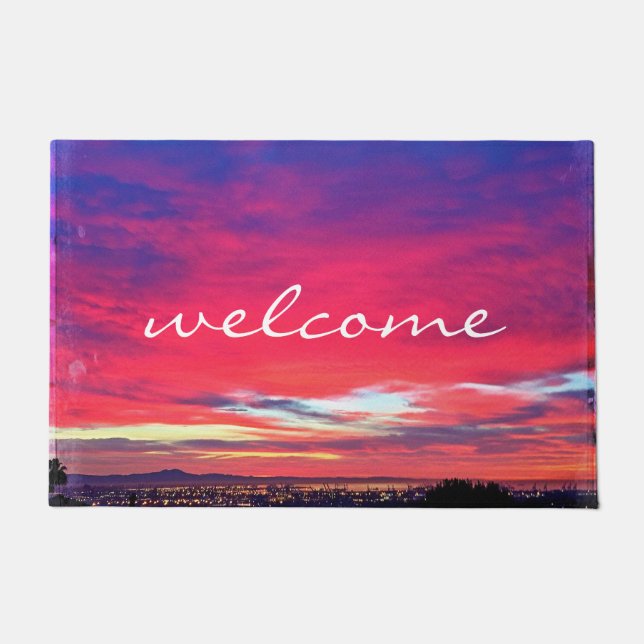 Willkommen Hot Pink Blue Clouds Sunset Foto Modern Fußmatte (Vorderseite)