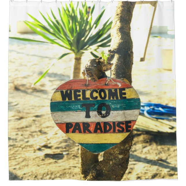 Willkommen im Paradies Beach Ocean Duschvorhang (Vorderseite)