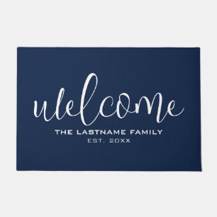 Willkommen in Big Script mit Familienname Navy Blu Fußmatte